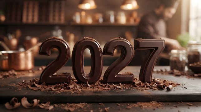 A visually striking depiction of the year 2027 rendered in rich dark chocolate textures and