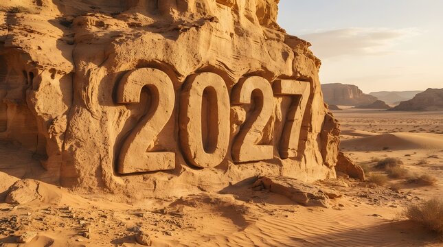 A striking digital artwork featuring the year 2027 carved into a rugged textured and earthy