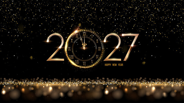 2027 Happy New Year greeting card vector background. 2027 golden numbers with clock countdown, falling confetti and glow light effects. Luxury festive sparkle holiday postcard, invitation, banner