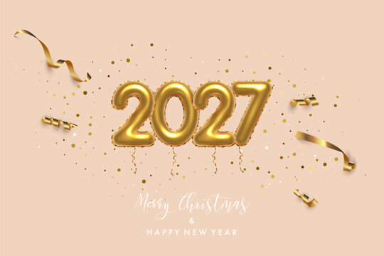 2027 Happy New Year greeting card vector background. 2027 gold balloon numbers with confetti and ribbons on beige. Festive sparkle holiday postcard, invitation, banner for social media.