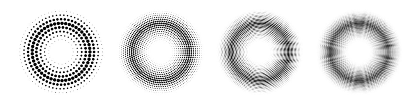 Halftone dotted round patterns. Black grain circular shapes with gradient effect on transparent. Abstract graphic geometric monochrome background. Modern futuristic graphic vector illustration set