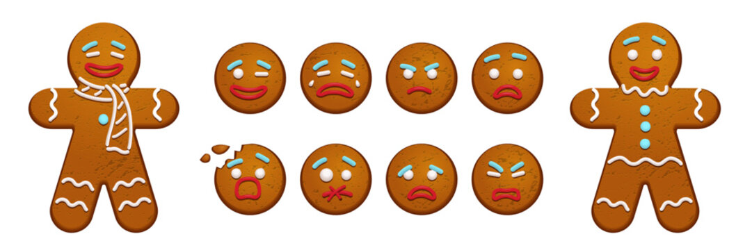 Gingerbread man cookies with different emotions set. Christmas ginger man vector illustration. Happy, cheerful, cute, sad, angry, funny faces of traditional sweet Xmas ginger biscuits.