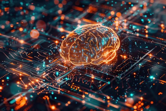 Futuristic digital brain with AI chip integration