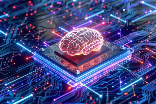 Futuristic AI brain chip with neon circuits in transparent brain model