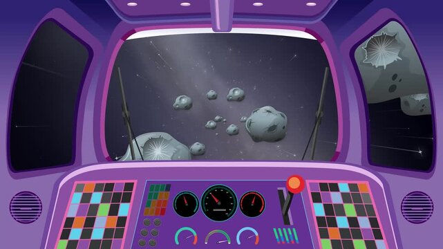 Cartoon Spaceship Cockpit Flying Through Asteroid Field in Deep Space