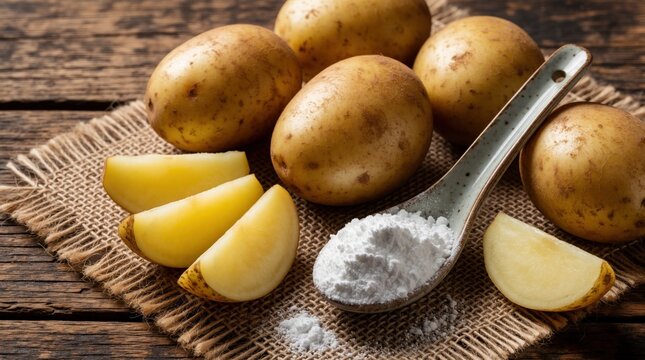 Raw whole potatoes, sliced pieces lie on burlap cloth over rustic wood table. Ceramic spoon holds white potato starch powder. Natural organic food ingredients for cooking, baking homemade starch