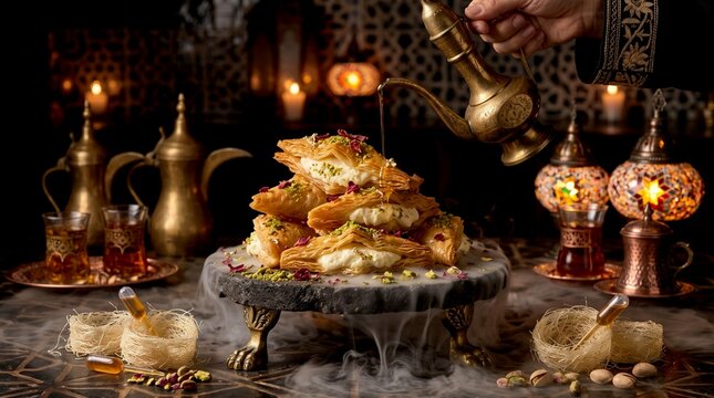 Luxury middle eastern warbat shaabiyat pastry with cream pouring syrup dried roses and dry ice smoke effect
