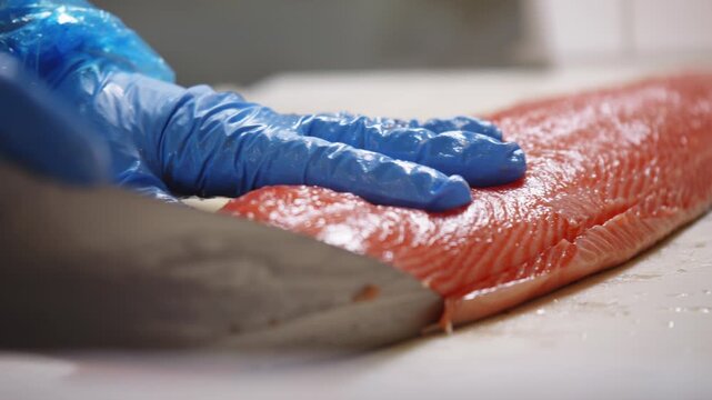 Blue-gloved hands cut along an orange salmon fillet with a broad knife on a white preparation board.