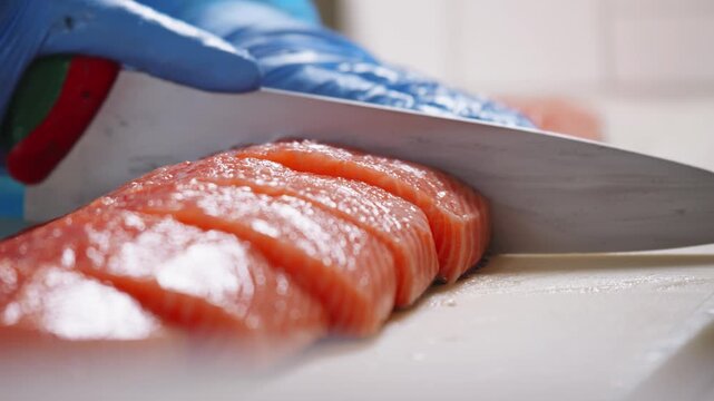 A worker slices an orange salmon fillet into portions with a large knife while holding the fish with a blue-gloved hand.