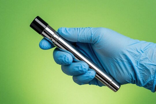 Closeup of hand in blue medical glove holding silver penlight tool. Doctor nurse uses small flashlight for eye exam, pupil reflex test. Healthcare pro performs clinical checkup with medical equipment
