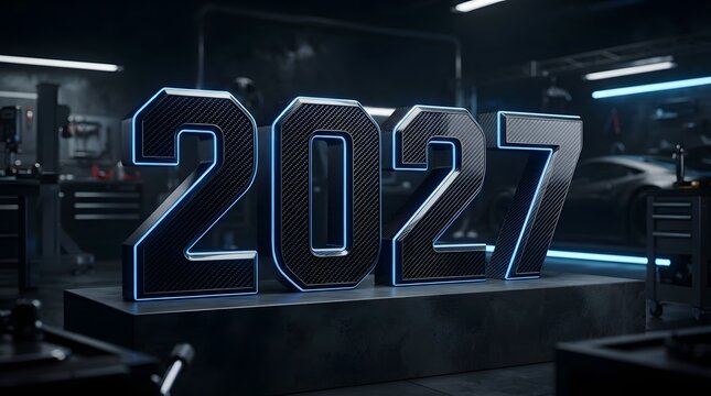 A futuristic and dynamic digital rendering of the year 2027 with a metallic and glowing