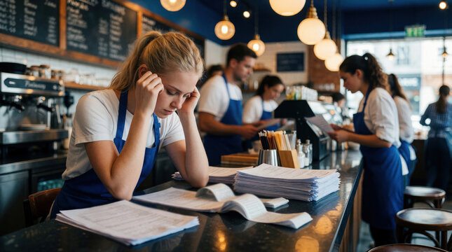 Stressed young waitress looks overwhelmed by piles of paperwork in busy cafe. Tired female employee holds head in hands working behind counter. Exhausted staff manages bills, orders amidst crowded