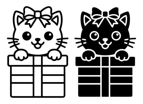 Cute cat with bow sitting inside a gift box black and white line icons