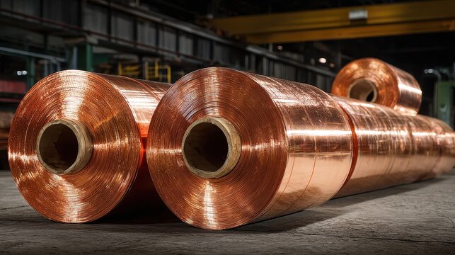 Large rolls of bright copper sheet metal are stacked inside a factory building. This material is essential for electrical conductivity and various manufacturing.