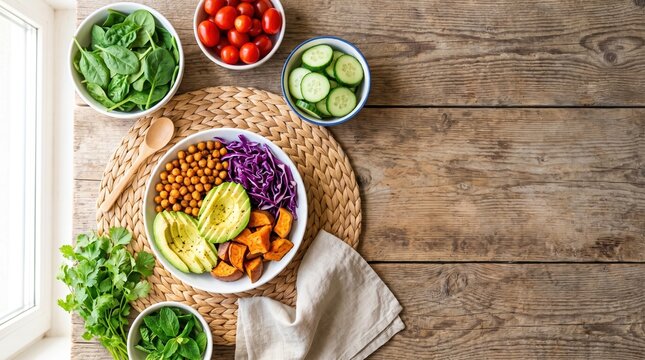 vegan cuisine, a vibrant vegan feast features a rainbow buddha bowl, fresh vegetables, and herbs