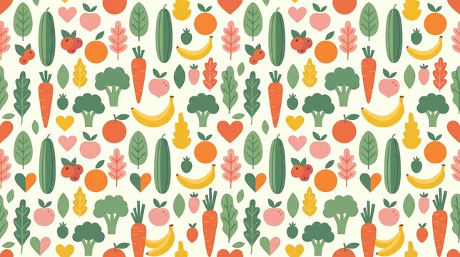 patterned textiles design, a seamless pattern featuring colorful vegetables, fruits, and hearts on cream