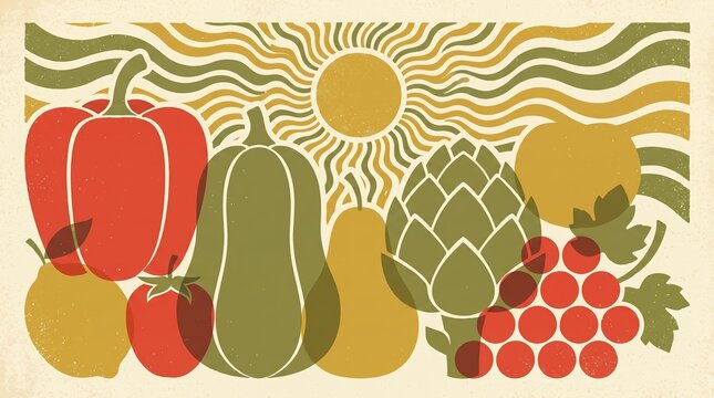 mid-century art style, a retro poster showcases vibrant fruits and vegetables in a harmonious layout
