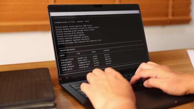 Close up of a man typing on a laptop keyboard with terminal commands and security network analysis data on screen, representing cybersecurity, hacking and software programming