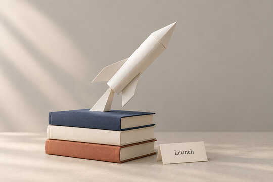 Paper rocket on stack of books with Launch card