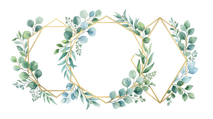 Watercolor eucalyptus leaves with golden geometric frames © Handa