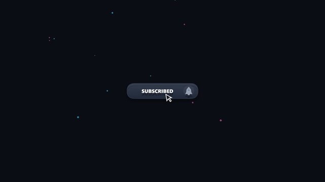 Red subscribe button clicked by mouse cursor motion graphics on dark background