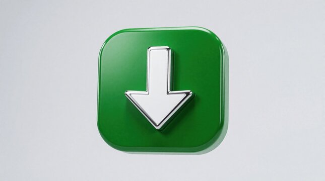 Green download button with white arrow icon on modern digital interface. 3D glossy web element for software app website design. User clicks button to save file, install program update mobile system