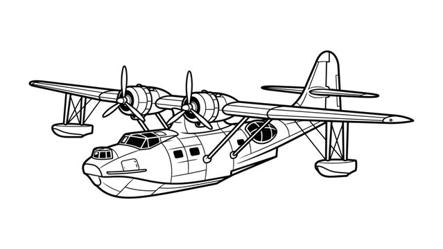 Seaplane Blueprint: A detailed line drawing of a vintage seaplane, showcasing its twin engines, wings, and pontoons, presented in a clear, schematic style.