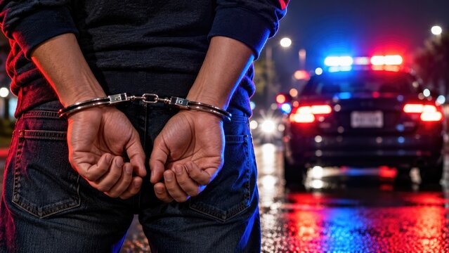 Man in handcuffs facing away from camera with police car lights flashing in background at night, symbolizing arrest and legal consequences for crime.