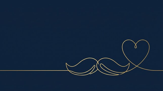 minimalist line art, a thin gold continuous line art of a mustache intertwining with a heart on navy