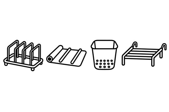 Kitchen organizer icon set with racks and perforated basket