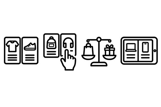 Online shopping icon set with products and digital devices