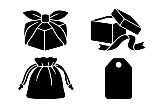 Gift packaging icons with boxes and a pouch plus a tag
