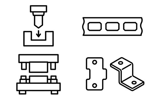 Metal stamping tools and punch press parts in line art