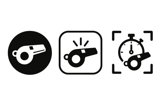 Whistle icons with alert rays and stopwatch symbols