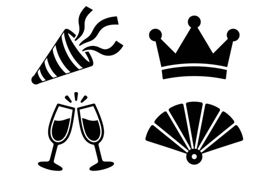 Celebration icon set with party popper crown glasses and fan