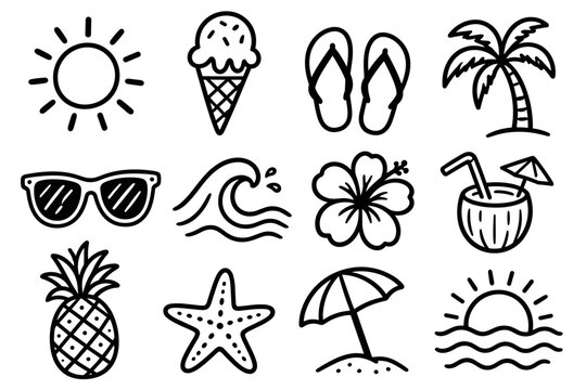 Summer beach icon set with tropical sun and waves