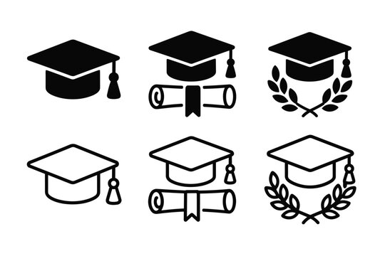 Graduation icon set with caps diplomas and laurel wreaths