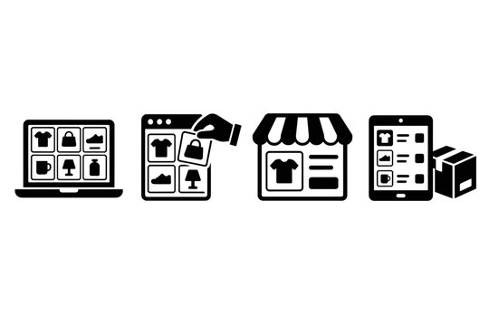 Online shopping and ecommerce order fulfillment icon set