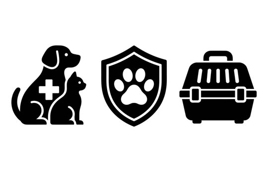 Pet care icon set for health protection and transport