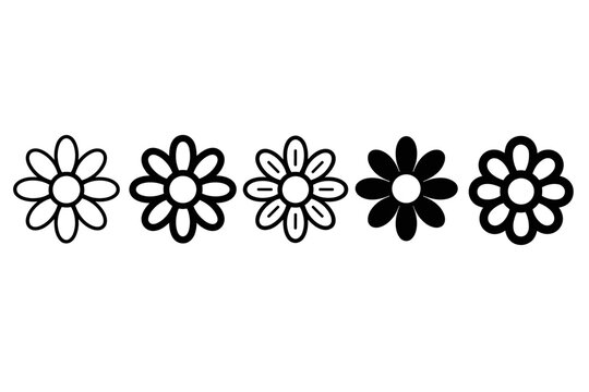 Black flower icon set with varied outline and fill styles