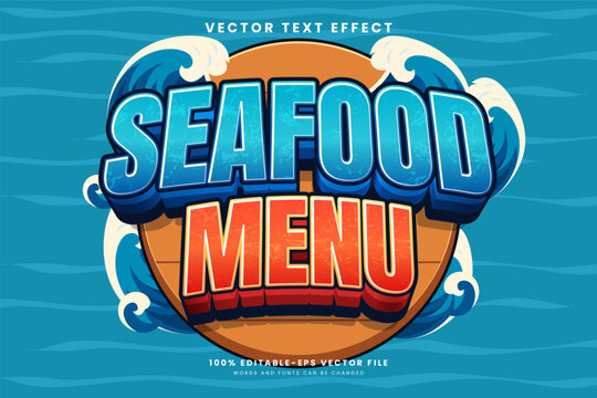 Bold 3D seafood text effect in vibrant ocean blue and coral tones. Fully editable vector typography ideal for restaurant menus and food branding.