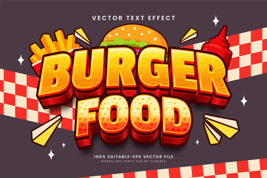 Bold burger food text effect with golden yellow gradients and vibrant red 3D lettering. Perfect for fast food branding, restaurant menus, and promotional graphics.