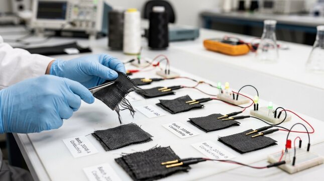 Innovation Economy: Technician testing conductivity of carbon knit fabric swatches with tweezers and indicator bulbs in a smart textile startup laboratory