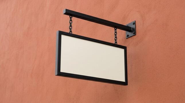 Blank hanging metal sign board mock-up on textured wall background   