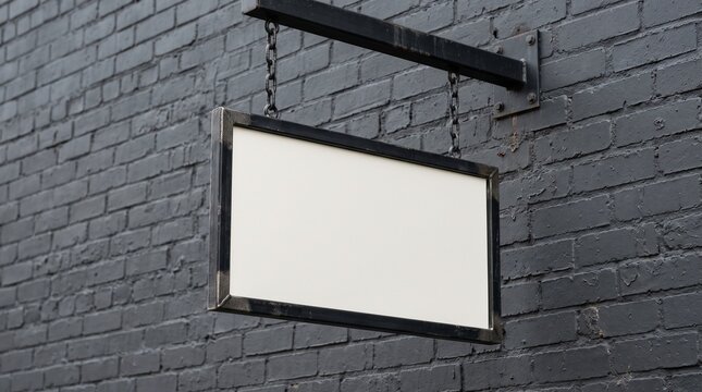 Empty rectangular hanging sign on dark brick wall with chains