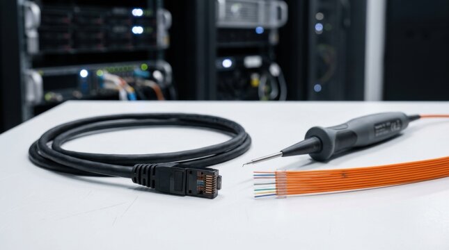 Close-up of unplugged shielded ethernet cable and orange ribbon fiber optic harness on a clean testing bench in an AI data center server hall.