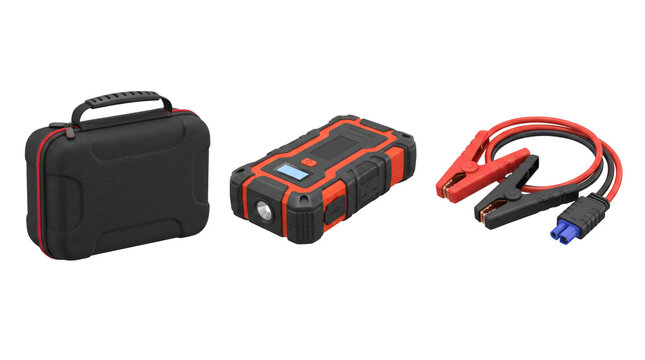 Portable car jump starter power bank with black storage case and red and black jumper cable clamps, isolated on a white background