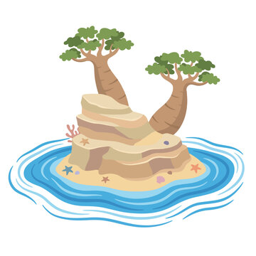 A picturesque depiction of a tranquil tropical island surrounded by clear blue water and adorned with lush green trees, inviting relaxation and a sense of peace.