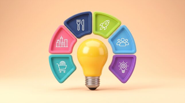 Idea Circle with Business Icons: A bright yellow light bulb sits at the center of a semi-circular diagram.