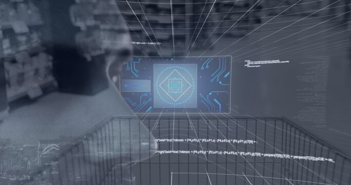 Digital interface overlaying shopping cart in futuristic supermarket environment